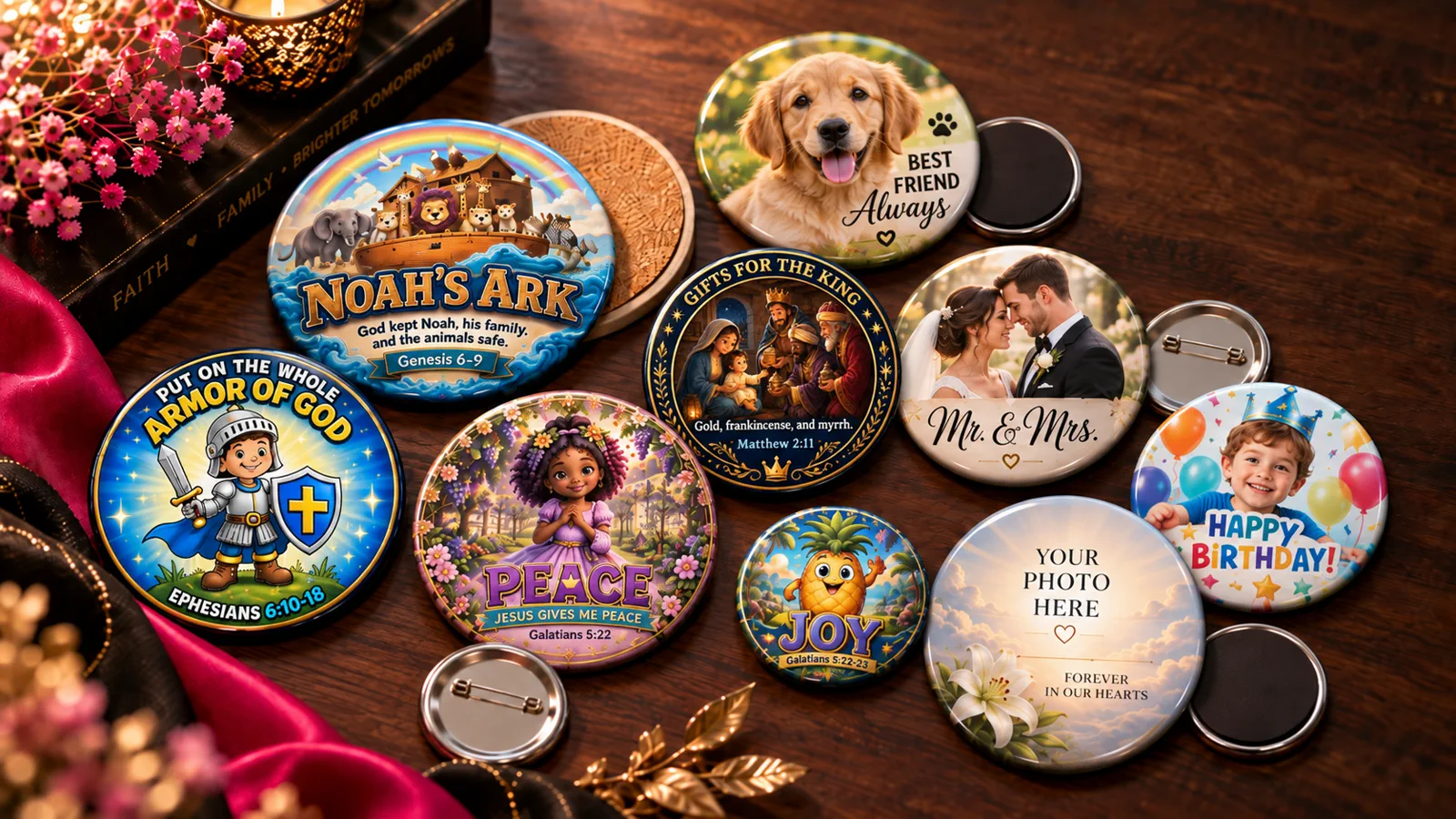 Assorted personalized photo magnets, buttons, and coasters including faith-based kids designs, wedding, memorial, and pet keepsakes, handmade by TSO Custom Keepsakes in Yakima, WA.