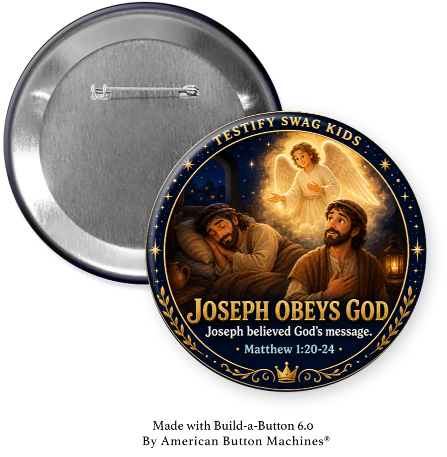 Joseph Obeys God Nativity kids Bible lesson pin-back button by TSO Custom Keepsakes
