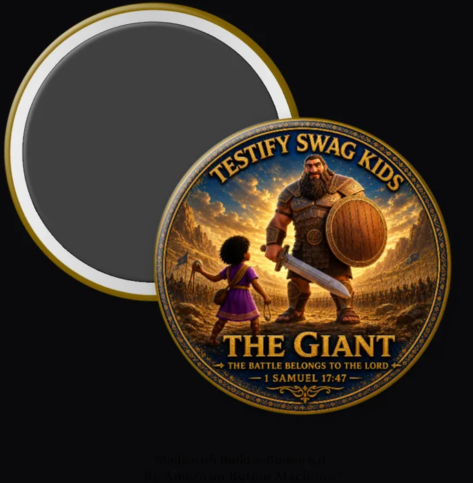 Kids Like David storytelling magnet — a girl with a sling facing the giant