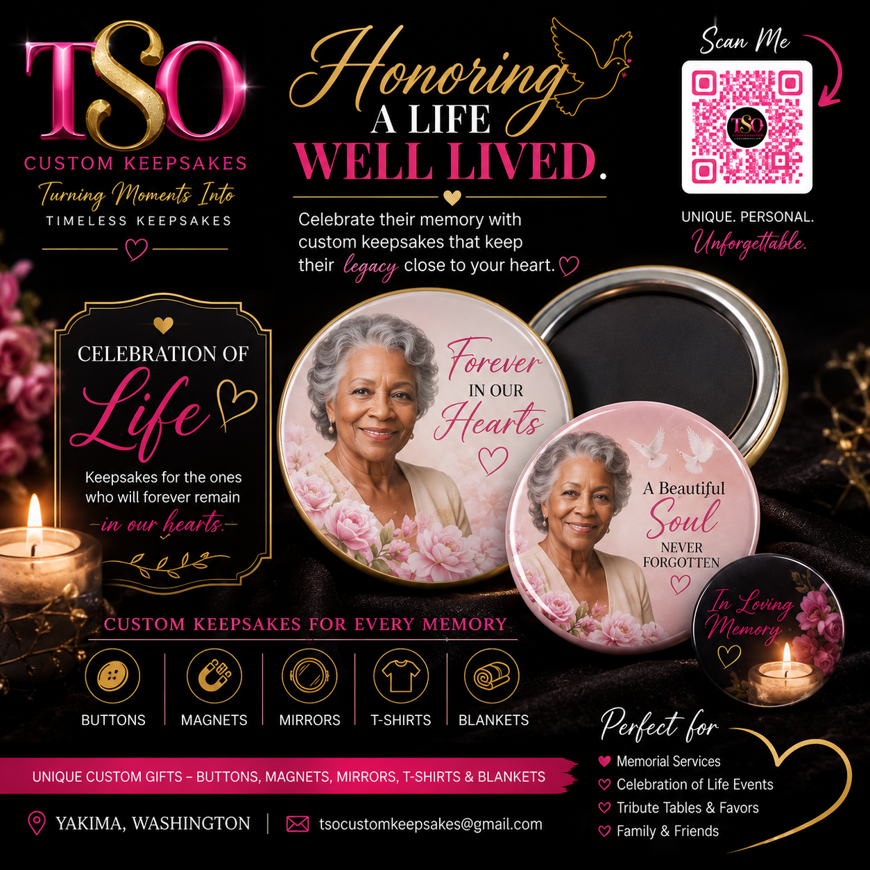 Memorial photo magnet collection with black, gold, and pink remembrance styling