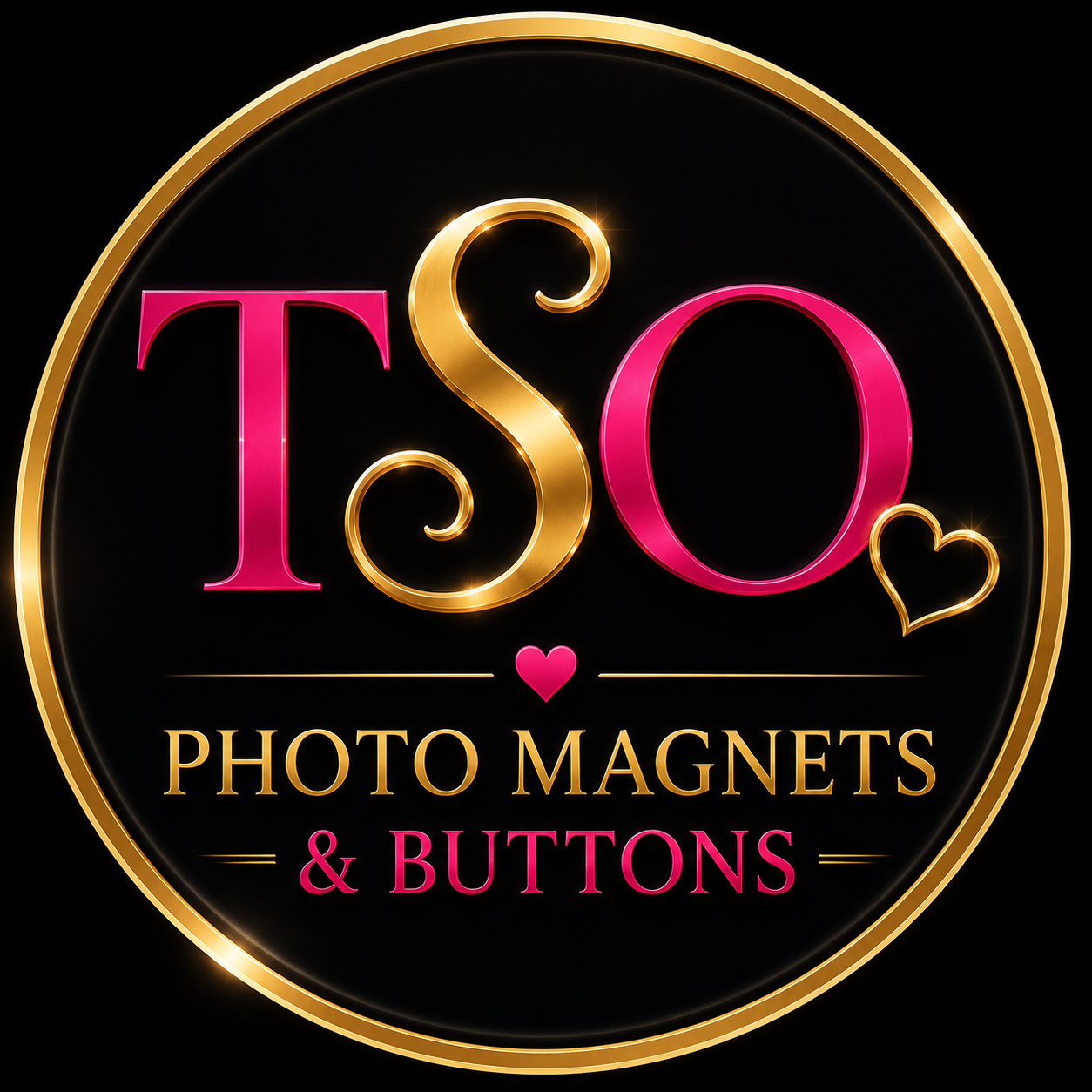TSO Photo Magnets & Buttons round logo with gold ring, pink TSO lettering, and heart accent on black
