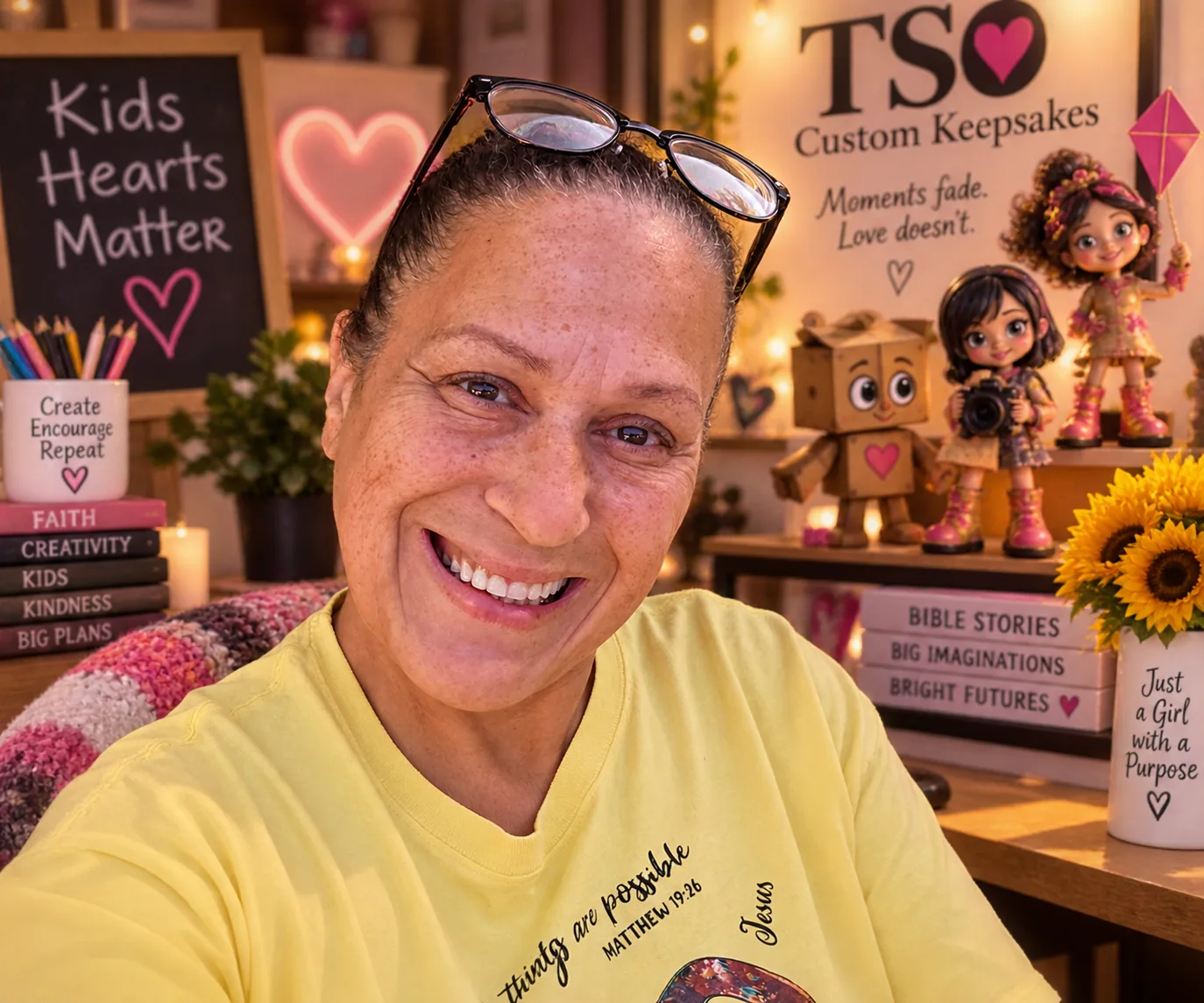 Evee B smiling in her TSO Custom Keepsakes studio with the Kids Hearts Matter chalkboard, character figurines, and sunflowers behind her